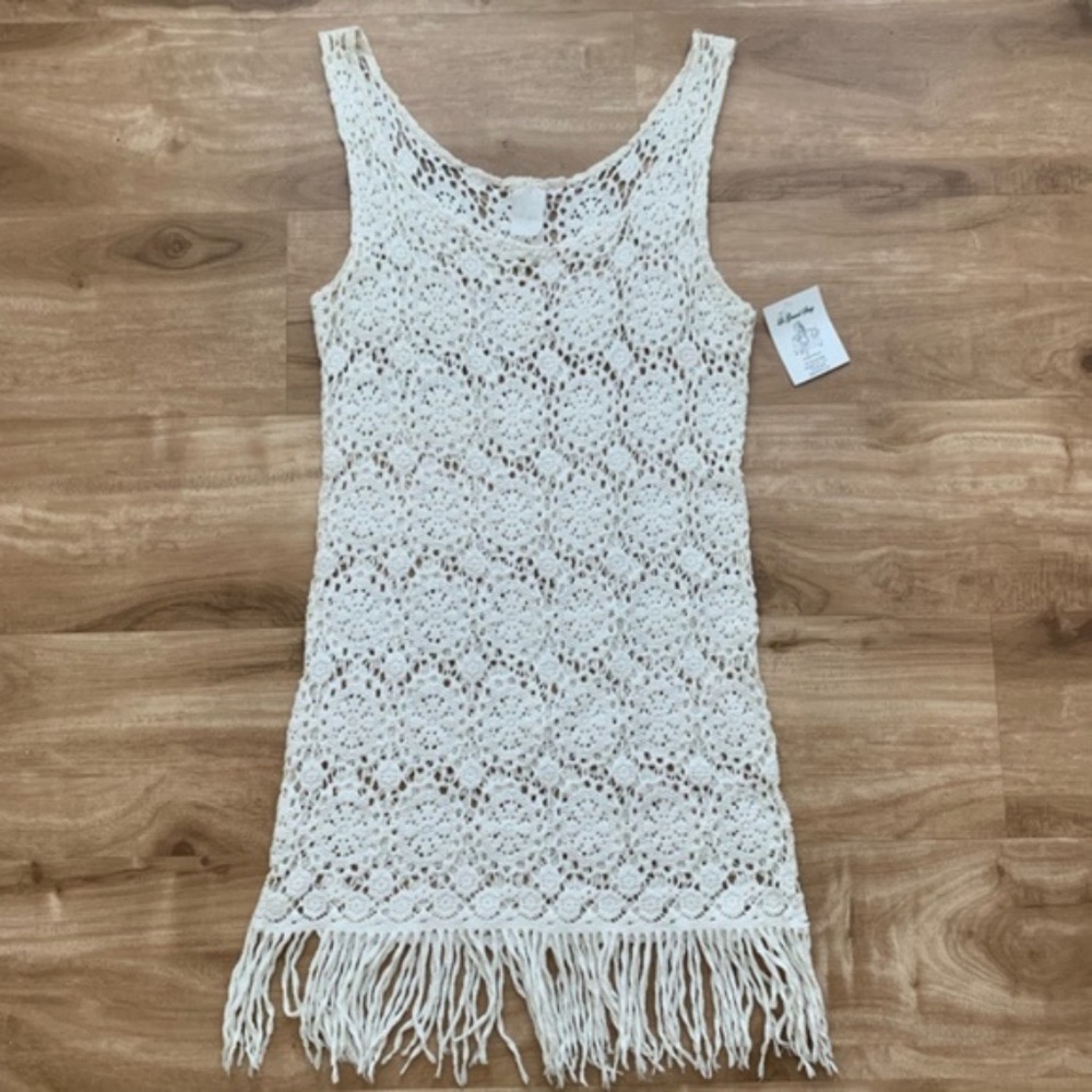 Vintage White 1970s Mod Crochet Fringe Mini Dress